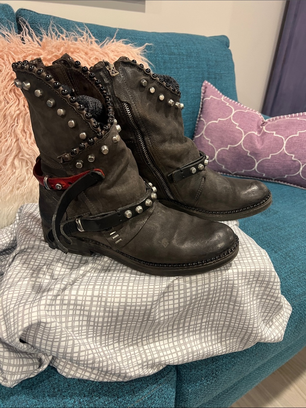 A.S.98 Black Stud-Trimmed Leather Moto Boots
